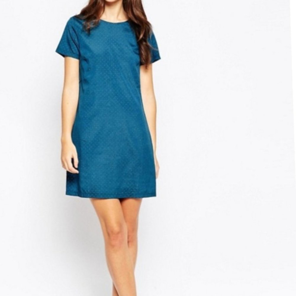 Poppy Lux Shift Dress Sz 4 Midi Teal w/ Gold Dots